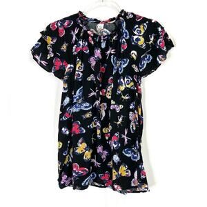 Old Navy Black Butterfly Print Flutter Sleeve Blouse Womens Medium
